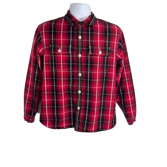 Stussy Mens Red Plaid Flannel Shirt Shacket Size Medium Button Fleece Lined - Picture 2 of 14